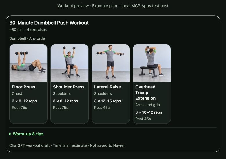 Navren’s private ChatGPT companion showing an example workout draft with floor press, shoulder press, lateral raise, and overhead tricep extension, including sets, reps, and rest.