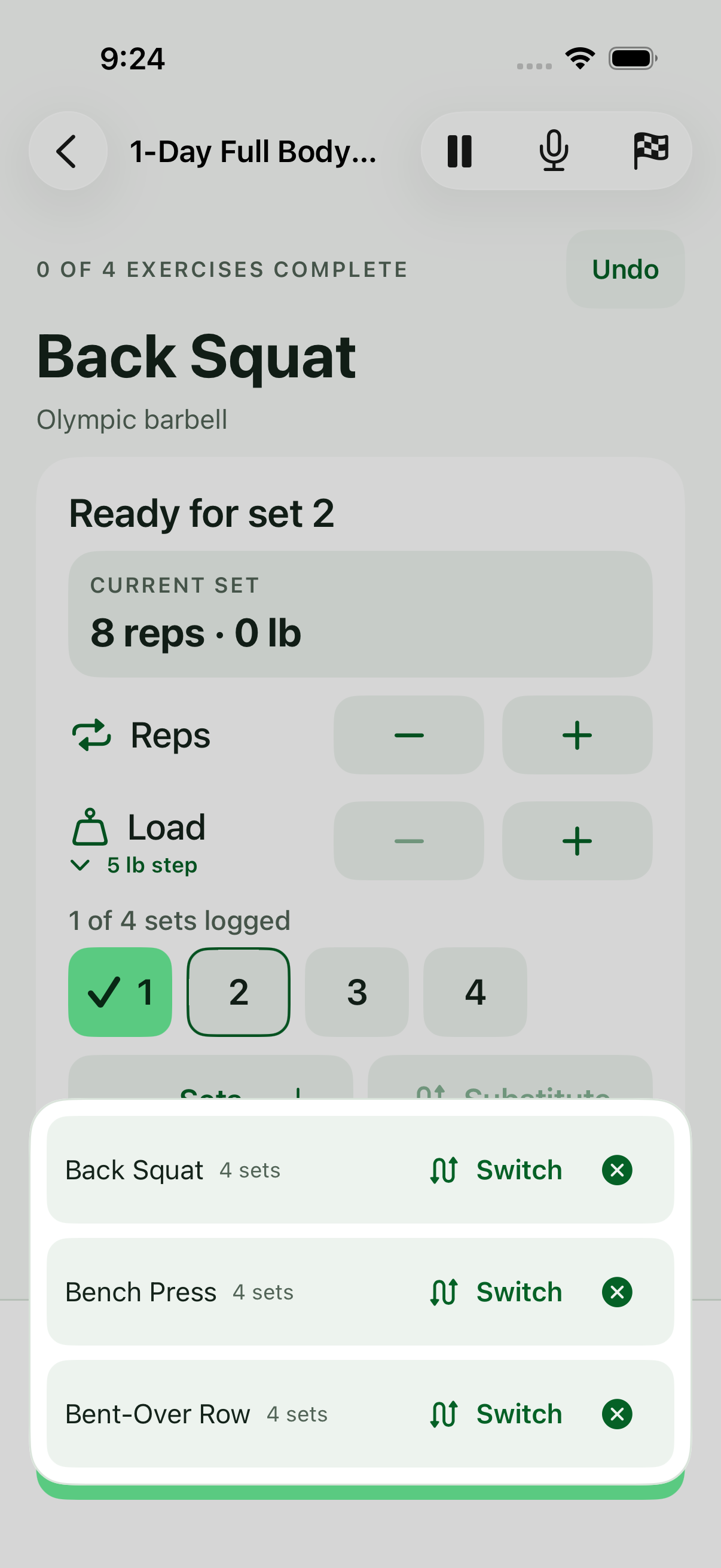 Navren’s remaining exercises drawer, showing Back Squat, Bench Press, and Bent-Over Row with a Switch action beside each.