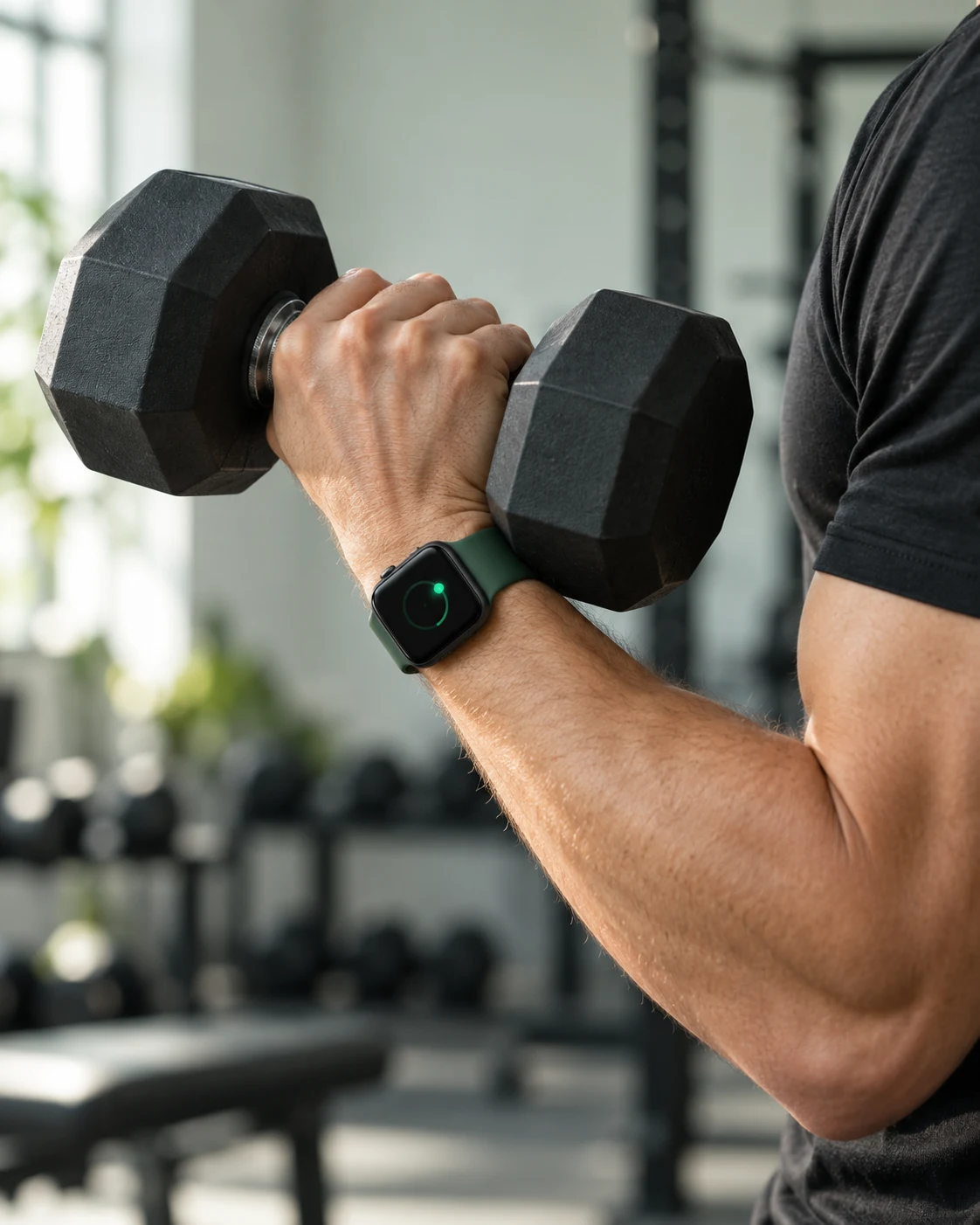 Close-up of an Apple Watch on a lifter’s wrist as they grip a dumbbell during a curl. Illustrative photograph.