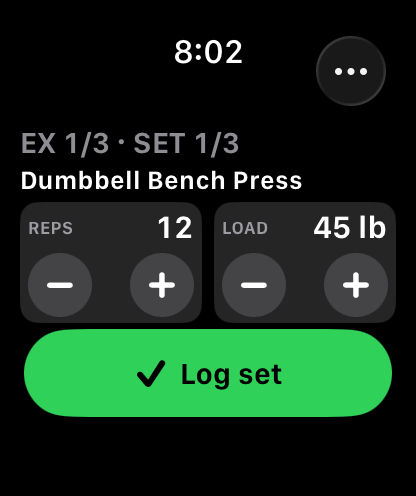 Actual Navren Apple Watch screen with rep and weight controls and Log set.