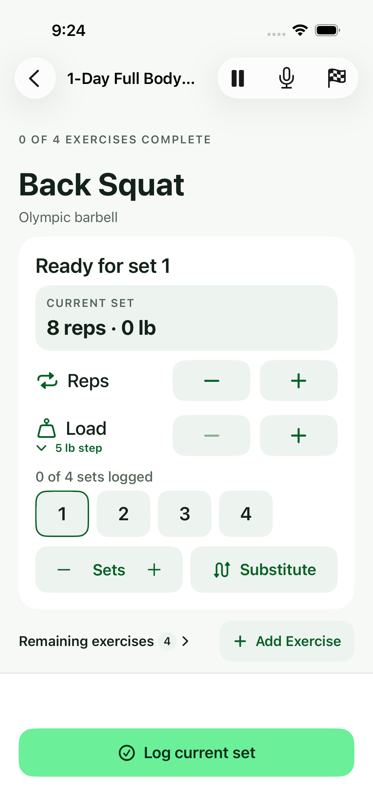 Actual Navren iPhone screen with Back Squat, rep and weight controls, and Log current set.